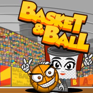 Expressive gameplay screenshot from Basket & Ball Game showing the living basketball and basket characters in a physics-based puzzle level.