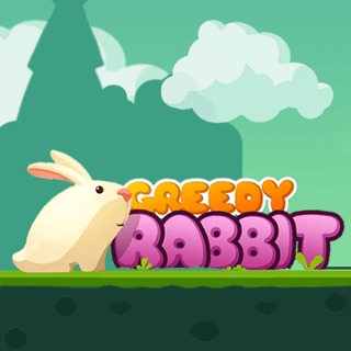 Charming gameplay screenshot from Greedy Rabbit Game showing the rabbit character navigating a platforming level with carrots, stars, and obstacles.