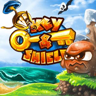 Charming gameplay screenshot from Key & Shield Game showing the yellow blob character Buddy using his shield to navigate a platforming level with enemies and coins.
