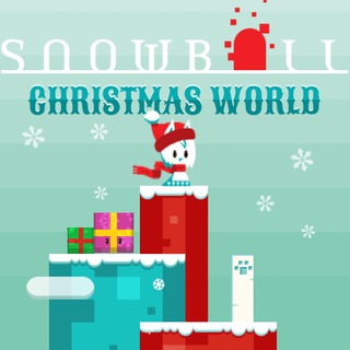 Festive gameplay screenshot from Snowball Christmas World Game showing the white cat character jumping over snowy buildings and obstacles.
