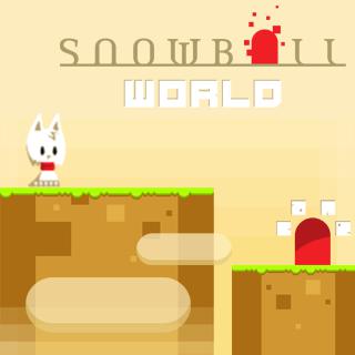 Charming gameplay screenshot from Snowball World Game showing the white cat character navigating a platforming level with mice, birds, and obstacles.