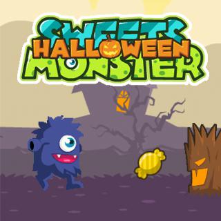 Charming gameplay screenshot from Sweets Monster Game showing the one-eyed monster character jumping over obstacles to collect colorful candies in a spooky Halloween-themed level.
