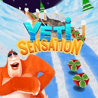 Action-packed gameplay screenshot from Yeti Sensation Game showing the Yeti character running through a snowy landscape, dodging obstacles and collecting berries.